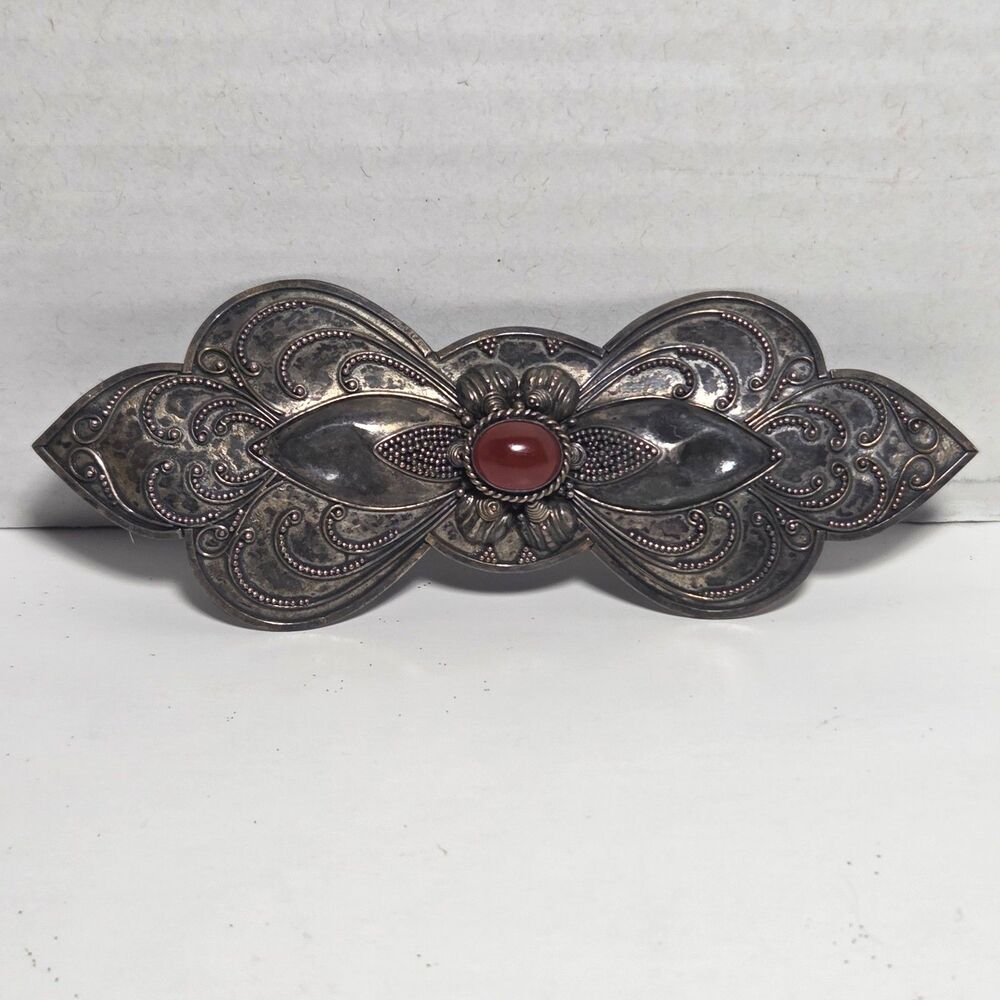 Vtg 925 Sterling Silver Filigree Barrette Red Carnelian Cabochon Hair Clip